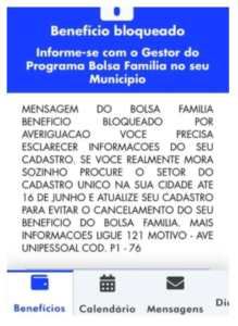 Mensagem de Bolsa Família bloqueado para beneficiário que mora sozinho