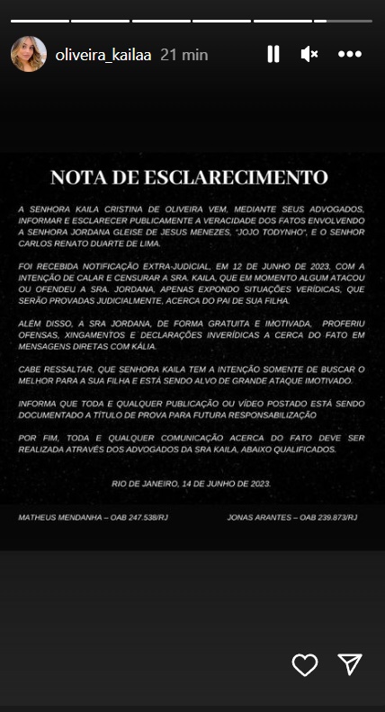 Ex-namorada do atual de Jojo Todynho emite comunicado após live da cantora 1 Kaila Oliveira