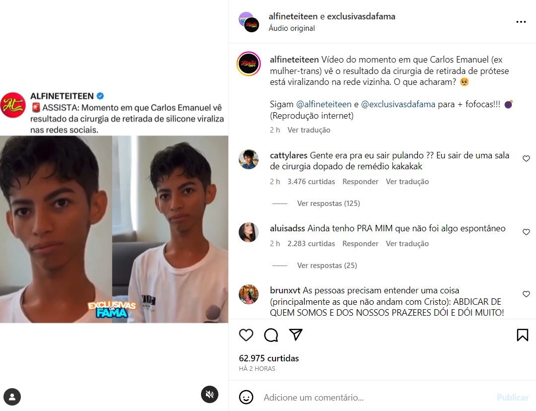 Influencer Carlos Manuel, ex Catty Lares, retira próteses de silicone e se defende de críticas 1 Ex-Catty Lares se pronuncia sobre 'destransição'