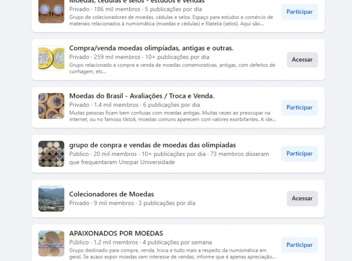 Grupo de compra e venda de moedas do Facebook. Imagem: Facebook