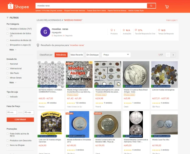 Compra e venda de moedas na Shopee.