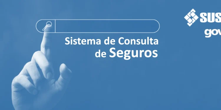 Sistema de consulta de seguros da SUSEP, com mão interagindo na interface de busca.
