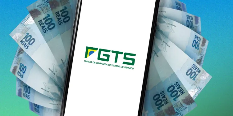 Celular exibindo o logotipo do FGTS com notas de 100 reais ao fundo, representando o saque do FGTS.