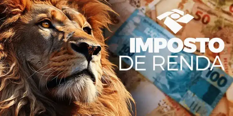 Leão do Imposto de Renda e cédulas de dinheiro, representando a restituição do IR 2025.