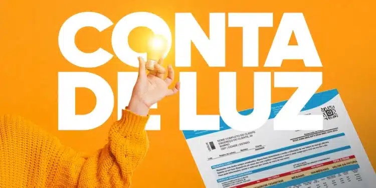 "Imagem de uma conta de luz com foco em uma lâmpada acesa em primeiro plano."