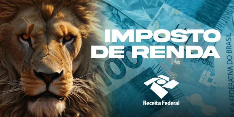Imagem ilustrativa do Imposto de Renda com um leão ao lado de notas de 100 reais e o logotipo da Receita Federal.