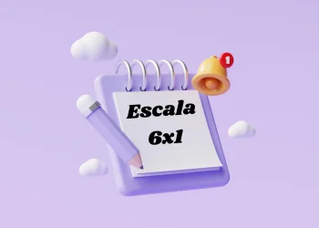 Imagem ilustrativa sobre a escala de trabalho 6x1 com foco na redução da jornada de trabalho, mostrando um bloco de notas com o título 'Escala 6x1'.