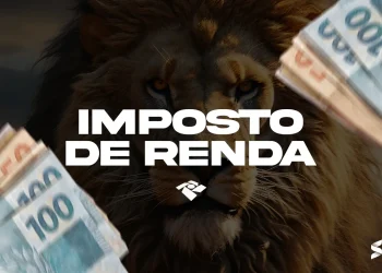 Imagem de um leão com cédulas de real ao redor e a frase "Imposto de Renda", simbolizando a fiscalização do IRPF.