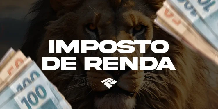 Imagem de um leão com cédulas de real ao redor e a frase "Imposto de Renda", simbolizando a fiscalização do IRPF.
