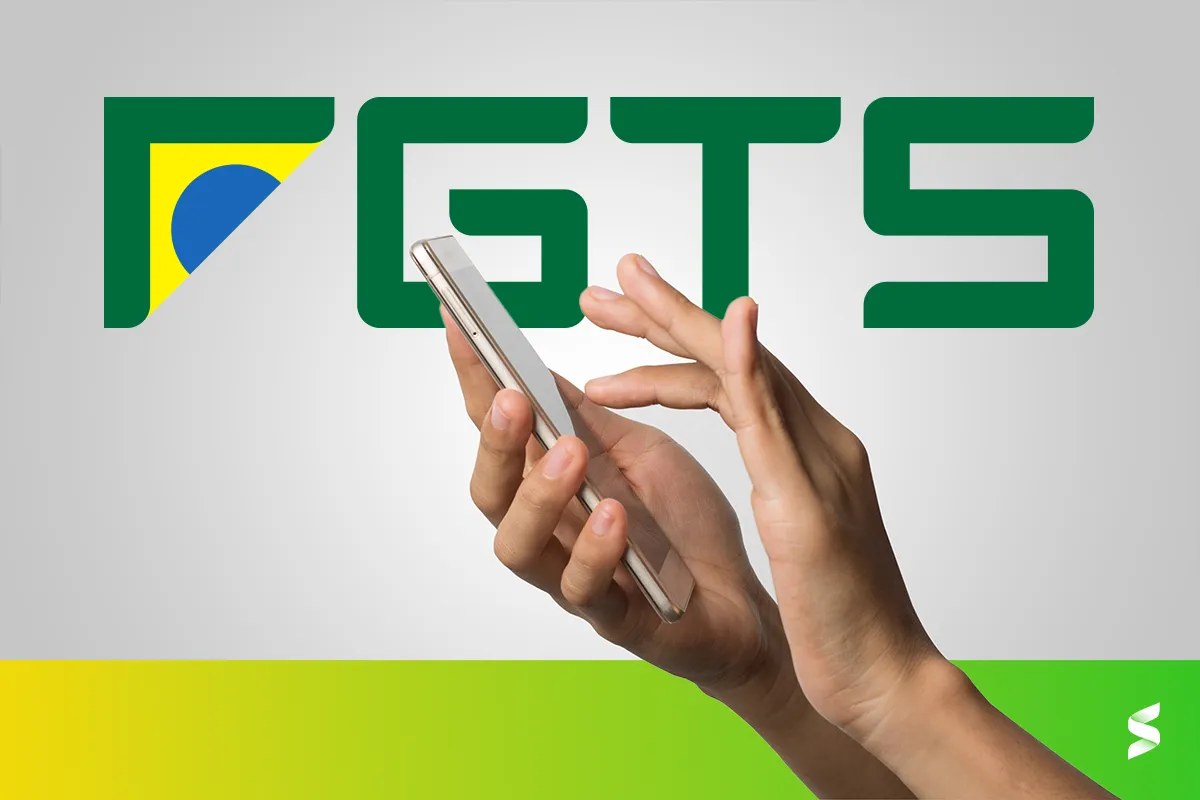 Mãos segurando um smartphone com a logo do FGTS ao fundo.