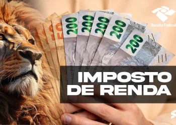 Dinheiro em notas de real com o símbolo da Receita Federal e a palavra "Imposto de Renda" em destaque.