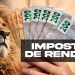 Dinheiro em notas de real com o símbolo da Receita Federal e a palavra "Imposto de Renda" em destaque.