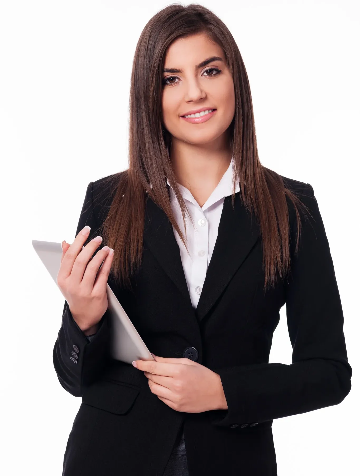 Mulher profissional segurando um tablet e sorrindo, representando a importância da autoavaliação na transição de carreira.