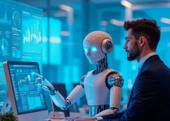 homem e robô colaborando em ambiente corporativo com IA