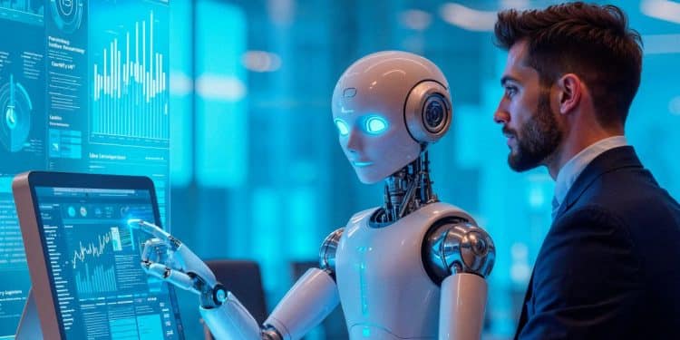homem e robô colaborando em ambiente corporativo com IA