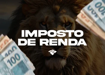 Leão representando o Imposto de Renda com cédulas de dinheiro ao redor, destacando a declaração do IR 2025.