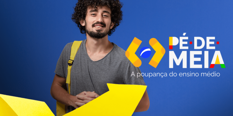 Estudante com mochila nas costas e logo do programa Pé-de-Meia, referente ao calendário atualizado de pagamentos.
