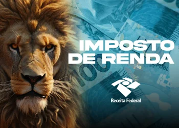 Imagem de um leão ao lado de notas de real e a frase "Imposto de Renda", representando a campanha da Receita Federal.