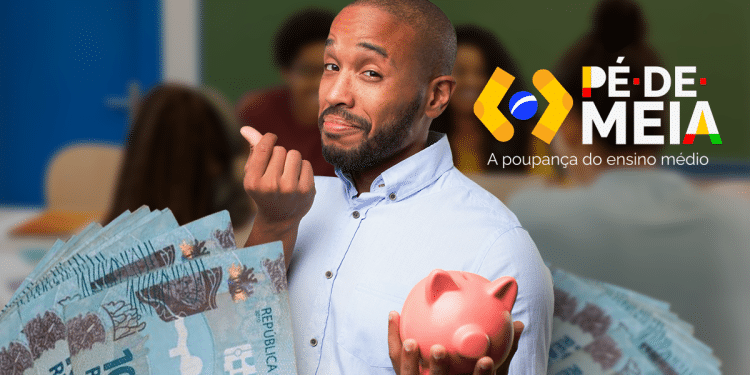 Imagem promocional do Pé-de-Meia com notas de R$ 100 e cofrinho rosa, destacando a importância da poupança para estudantes.