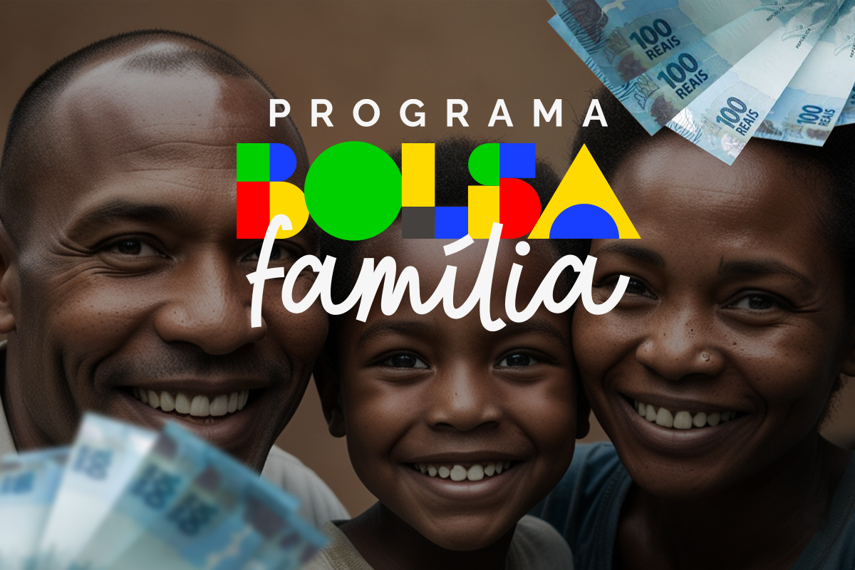 Imagem ilustrativa do Programa Bolsa Família, com uma família sorrindo e notas de 100 reais ao fundo.