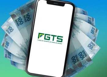 Ilustração do FGTS com celular e cédulas de 100 reais, destacando a distribuição de lucros.