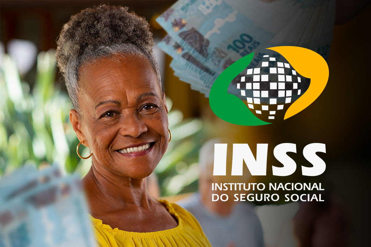 Imagem de uma mulher sorridente segurando dinheiro, com o logo do INSS ao lado, representando os pagamentos de benefícios do Instituto Nacional do Seguro Social.