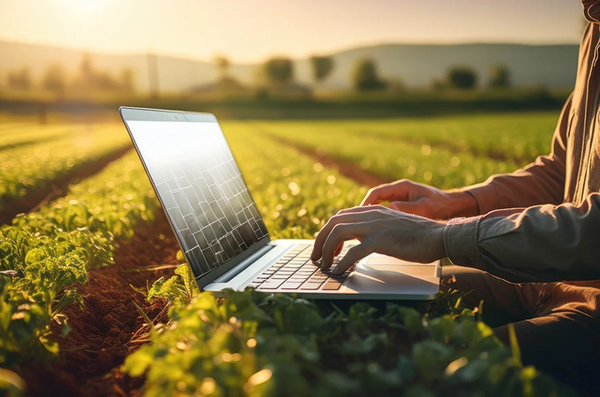 Homem trabalhando em um laptop no campo, representando o impacto da conectividade nas áreas rurais.