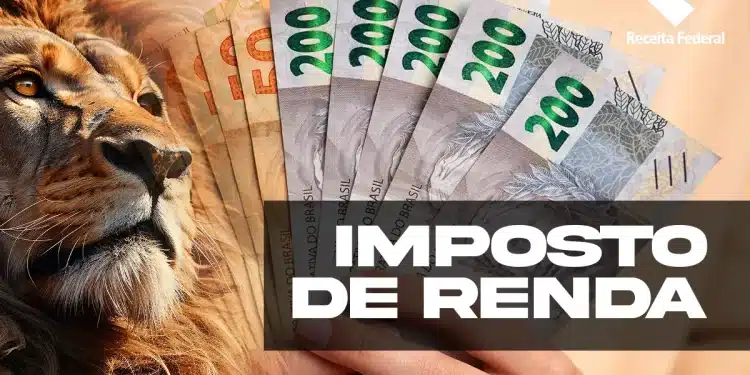 Imagem que ilustra o Imposto de Renda, com referência ao leão símbolo da Receita Federal e cédulas de dinheiro.