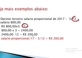 Cálculo do décimo terceiro salário proporcional, explicando o cálculo de acordo com o salário de 800,00.