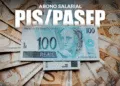 Imagem ilustrativa do abono salarial PIS/PASEP com cédulas de 100 reais em destaque.