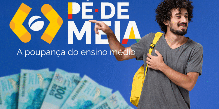 Jovem estudante com mochila segurando cartão do programa Pé-de-Meia e cédulas de R$ 100