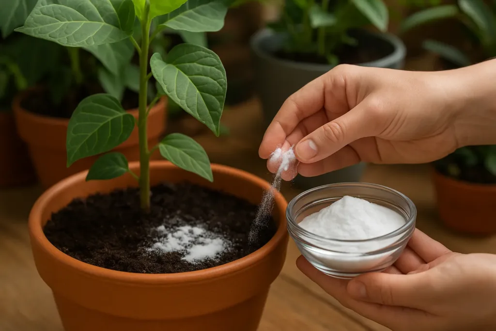 Pessoa aplicando bicarbonato de sódio no solo de uma planta dentro de um vaso.