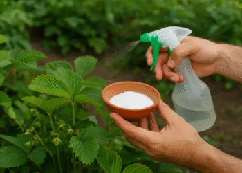 Pessoa pulverizando bicarbonato de sódio em plantas de morango no jardim.