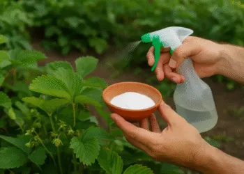Pessoa pulverizando bicarbonato de sódio em plantas de morango no jardim.