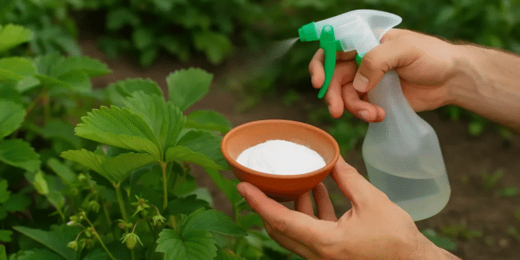 Pessoa pulverizando bicarbonato de sódio em plantas de morango no jardim.
