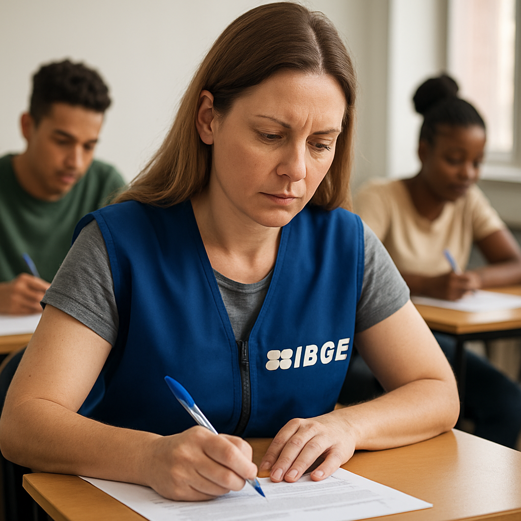 Uma mulher, vestindo um colete azul do IBGE, concentra-se enquanto faz uma prova escrita em uma sala de aula.