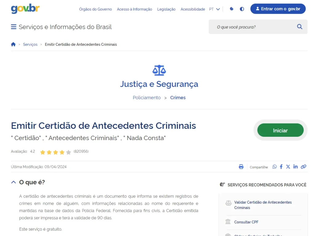 Página do portal Gov.br para "Emitir Certidão de Antecedentes Criminais", com a opção "Iniciar" destacada, mostrando a facilidade e gratuidade do processo digital de obtenção.