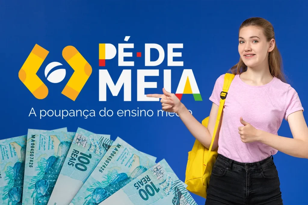 Jovem estudante sorridente com mochila e livros, com notas de R$ 100 ao fundo, representando o recebimento da parcela de R$ 200 do programa Pé-de-Meia do MEC por frequência.