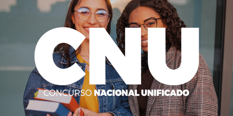 Duas jovens estudantes sorrindo, com o texto 'CNU Concurso Nacional Unificado' sobreposto, simbolizando as oportunidades em órgãos públicos federais.