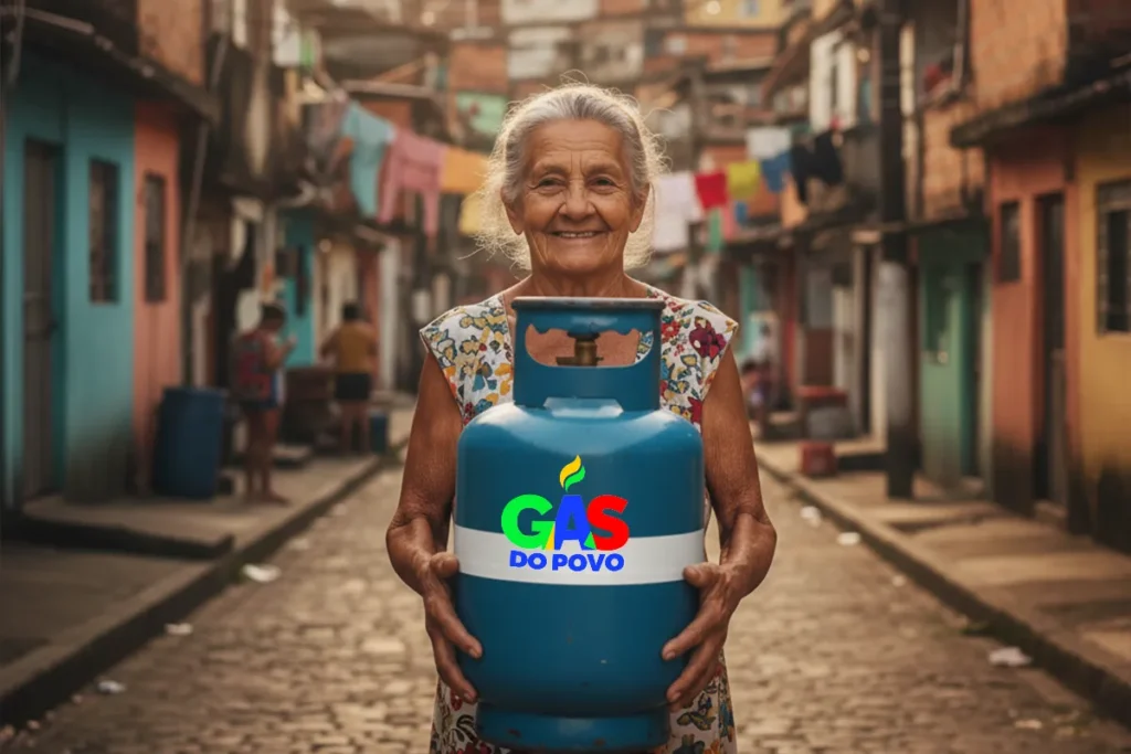 Gás do povo agora em novembro. Mulher idosa e sorridente segurando um botijão de gás de cozinha azul com o logotipo "GÁS DO POVO" estampado no centro, em uma rua de comunidade de baixa renda ao fundo.