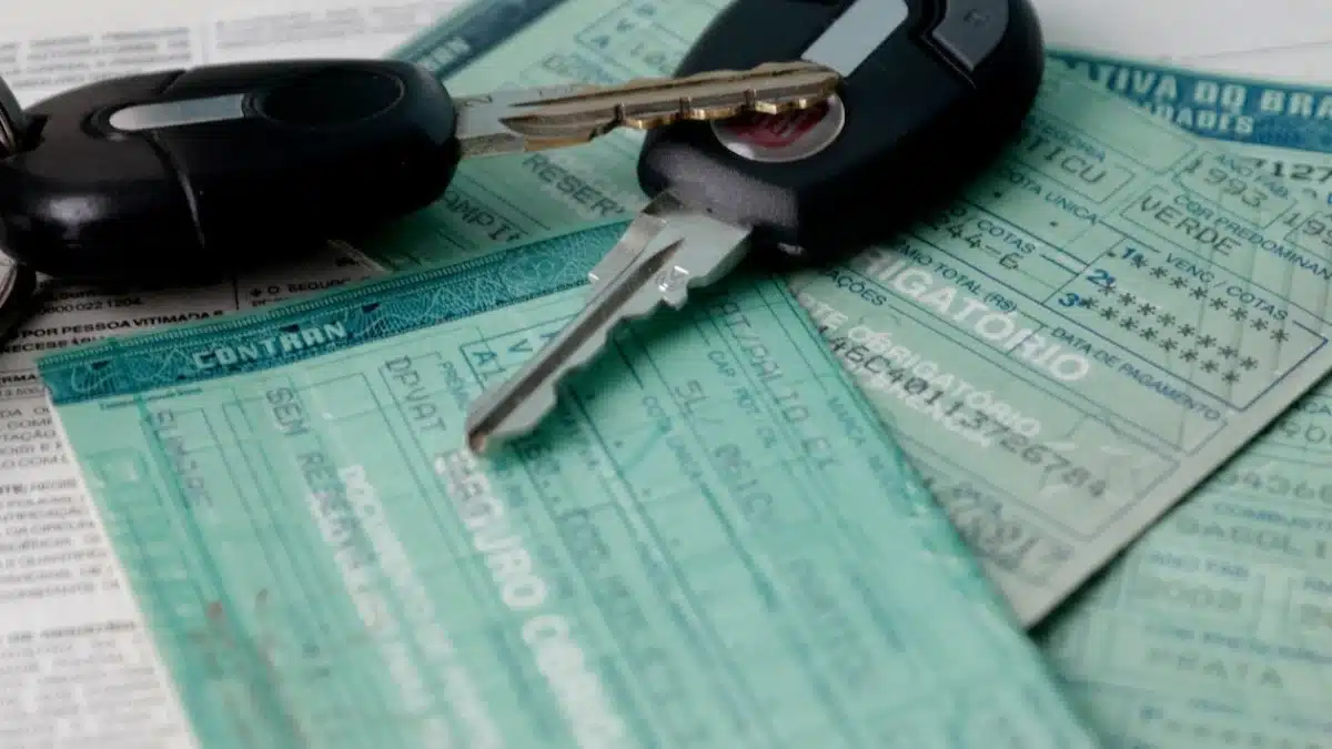 IPVA 2026: Como solicitar a isenção e economizar no início do ano. Chaves de carro e documentos do IPVA sobre uma superfície.