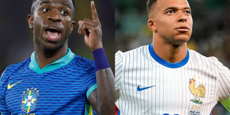 Dois jogadores de futebol, um com uniforme do Brasil e outro da França