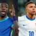 Dois jogadores de futebol, um com uniforme do Brasil e outro da França