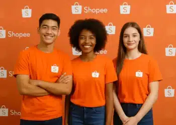 Três pessoas sorrindo vestindo camisetas laranja da Shopee