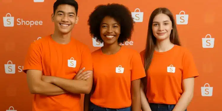 Três pessoas sorrindo vestindo camisetas laranja da Shopee