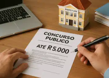 Edital de concurso público municipal com salário de até R$ 5.000 sobre uma mesa