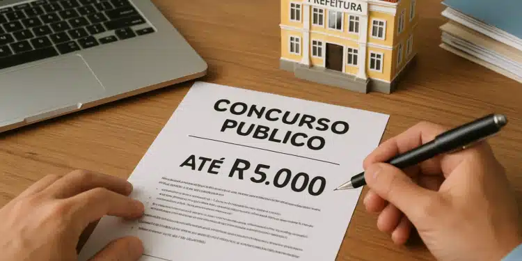 Edital de concurso público municipal com salário de até R$ 5.000 sobre uma mesa