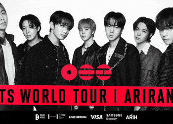 Sete integrantes do BTS em foto promocional preto e branco para a turnê Arirang World Tour