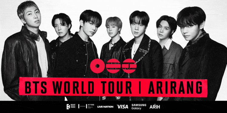 Sete integrantes do BTS em foto promocional preto e branco para a turnê Arirang World Tour